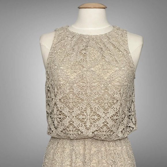 London Times Women Dress 6 Beige Crochet Lace Sheer Lined Maxi Boho Beach Hippie - Picture 3 of 13